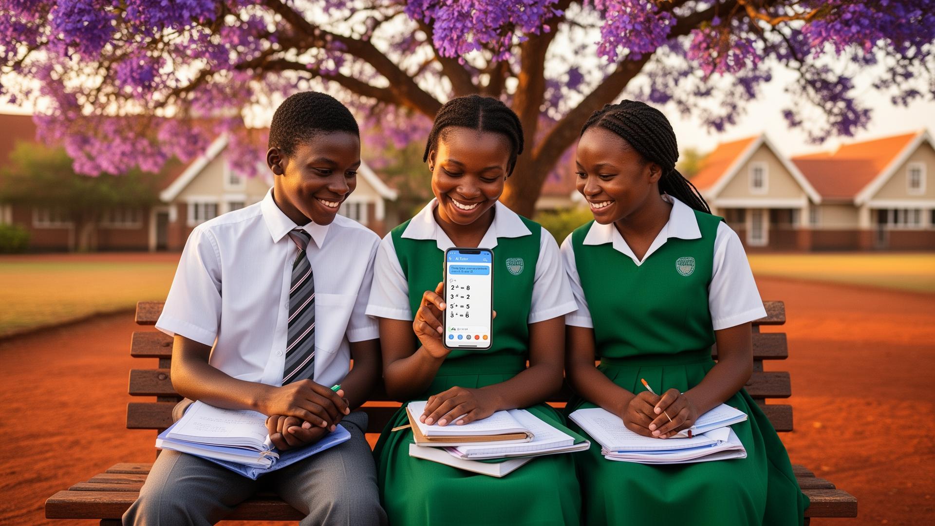 Three Zimbabwean students in uniform sharing the Remy AI tutor on a phone under a jacaranda tree