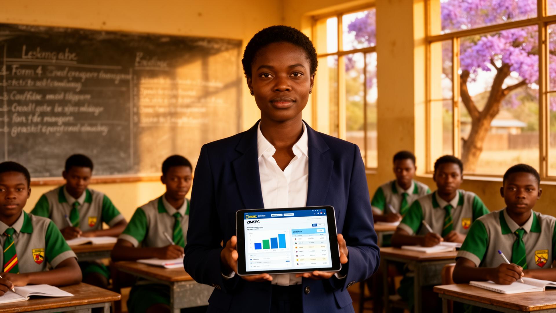 Zimbabwean teacher with a tablet showing the NalieTech ZIMSEC dashboard in a sunlit Form 4 classroom
